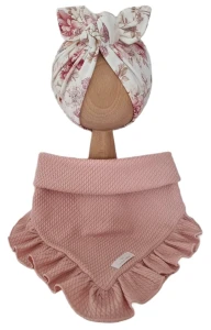 KOMPLET TURBAN POJEDYNCZY MOTYLEK Jesienne Kwiaty I CHUSTA Z FALBANKĄ Dzianina Soft Róż