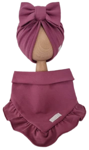 KOMPLET TURBAN POJEDYNCZY KOKARDA I CHUSTA Z FALBANKĄ Jagodowy