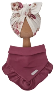 KOMPLET TURBAN POJEDYNCZY MOTYLEK Romantic Roses I CHUSTA Z FALBANKĄ Jagodowa