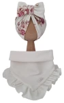 KOMPLET TURBAN POJEDYNCZY KOKARDA Romantic Roses I CHUSTA Z FALBANKĄ Dzianina Soft Ecru