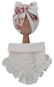 KOMPLET TURBAN POJEDYNCZY KOKARDA Romantic Roses I CHUSTA Z FALBANKĄ Dzianina Soft Ecru