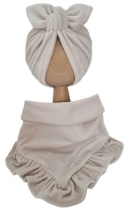 WELUROWY KOMPLET TURBAN POJEDYNCZY MOTYLEK I CHUSTA Z FALBANKĄ Jasny Beż