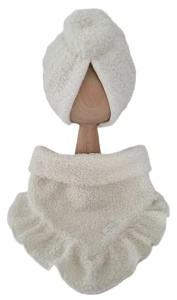 ZIMOWY KOMPLET TURBAN DONUT BOUCLE I CHUSTA Z FALBANKĄ Ecru