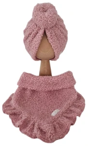 ZIMOWY KOMPLET TURBAN DONUT BOUCLE I CHUSTA Z FALBANKĄ Pudrowy Róż