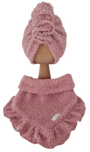 ZIMOWY KOMPLET TURBAN FALBANKA BOUCLE I CHUSTA Z FALBANKĄ Pudrowy Róż