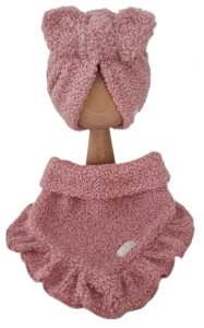ZIMOWY KOMPLET TURBAN MOTYLEK BOUCLE I CHUSTA Z FALBANKĄ Pudrowy Róż