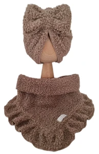 ZIMOWY KOMPLET TURBAN KOKARDA BOUCLE I CHUSTA Z FALBANKĄ Ciemny Beż
