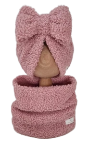 ZIMOWY KOMPLET TURBAN KOKARDA BOUCLE I KOMIN Pudrowy Róż 