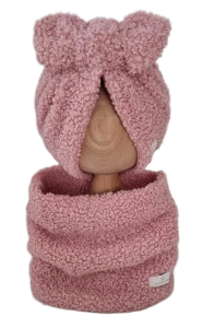 ZIMOWY KOMPLET TURBAN MOTYLEK BOUCLE I KOMIN Pudrowy Róż 