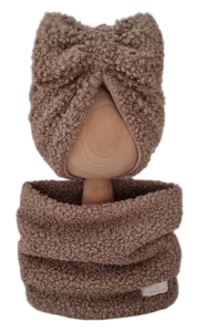 ZIMOWY KOMPLET TURBAN KOKARDA BOUCLE I KOMIN Ciemny Beż 