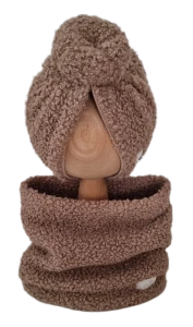 ZIMOWY KOMPLET TURBAN DONUT BOUCLE I KOMIN Ciemny Beż 