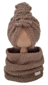 ZIMOWY KOMPLET TURBAN FALBANKA BOUCLE I KOMIN Ciemny Beż