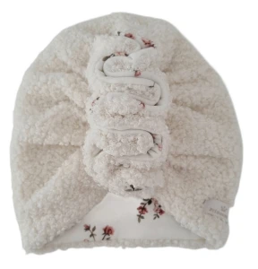 TURBAN FALBANKA BOUCLE Ecru i Różyczki na bawełnie Biel