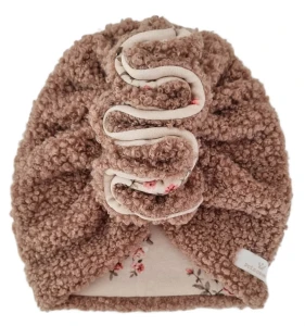 TURBAN FALBANKA BOUCLE Ciemny Beż i Różyczki na bawełnie Beż