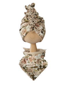 KOMPLET TURBAN FALBANKA PODWÓJNY I CHUSTA Różany Ogród Biel