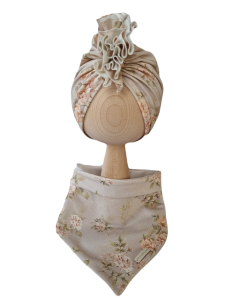 KOMPLET TURBAN FALBANKA POJEDYNCZY I CHUSTA Vintage Roses Beż