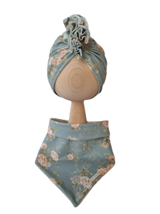 KOMPLET TURBAN FALBANKA POJEDYNCZY I CHUSTA Vintage Roses Niebieski