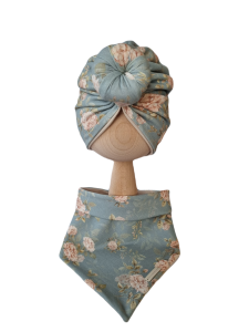 KOMPLET TURBAN PODWÓJNY DONUT I CHUSTA Vintage Roses Niebieski