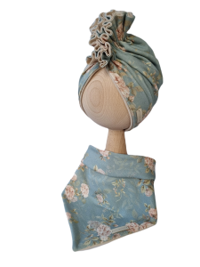 KOMPLET TURBAN FALBANKA PODWÓJNY I CHUSTA Vintage Roses Niebieski